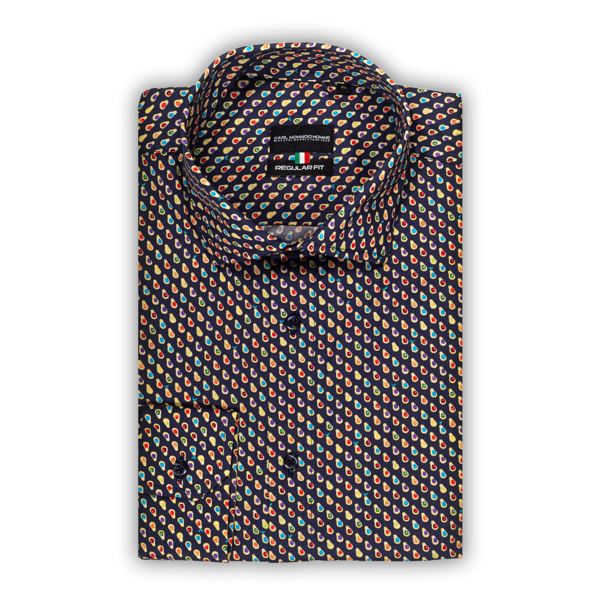 Italienisches Designer Langarm Herren-Hemd von KARL MOMMOO in blau / bunt gemustert. Aus Baumwolle mit Elasthan in der Regular Fit Passform. Gefertigt in Italien. Ansicht gefaltetes Hemd.