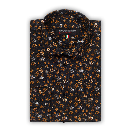 Italienisches Designer Langarm Herren-Hemd von KARL MOMMOO in dunkelgrau/ hellbraun mit Blumen Muster. Aus  Baumwolle mit Elasthan in der Modern Fit Passform. Gefertigt in Italien. Ansicht gefaltetes Hemd.