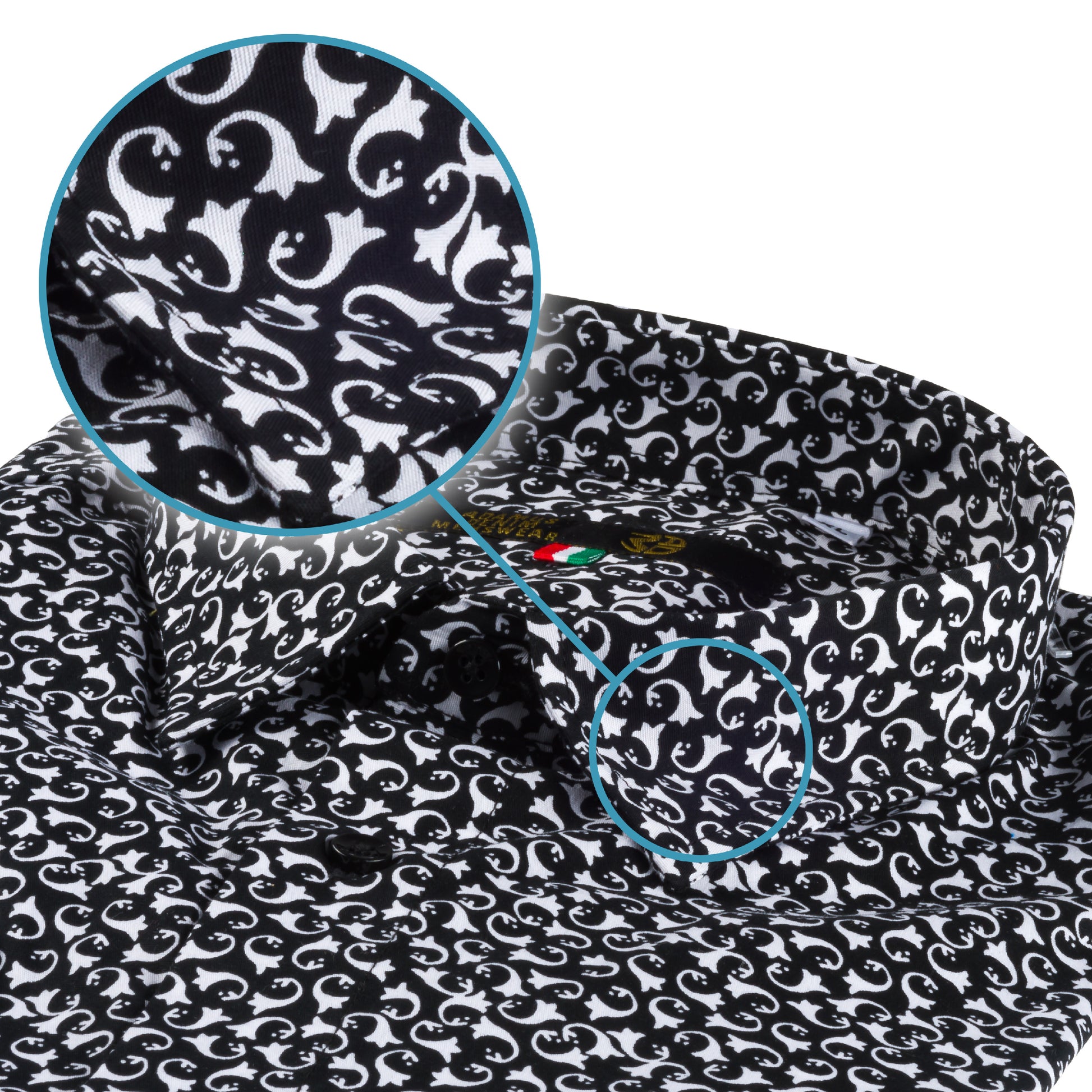 Italienisches Designer Langarm Herren-Hemd von KARL MOMMOO schwarz/weiß gemustert. Aus  Baumwolle mit Elasthan in der Modern Fit Passform. Gefertigt in Italien. Detailansicht Kragen und Material bzw. Muster.