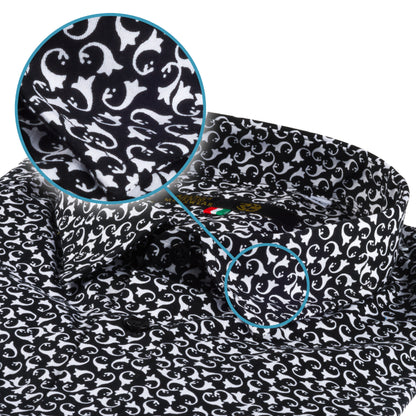 Italienisches Designer Langarm Herren-Hemd von KARL MOMMOO schwarz/weiß gemustert. Aus  Baumwolle mit Elasthan in der Modern Fit Passform. Gefertigt in Italien. Detailansicht Kragen und Material bzw. Muster.