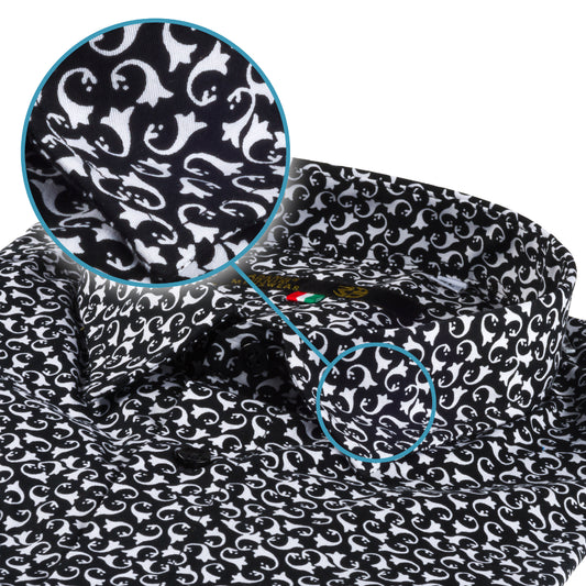 Italienisches Designer Langarm Herren-Hemd von KARL MOMMOO schwarz/weiß gemustert. Aus  Baumwolle mit Elasthan in der Modern Fit Passform. Gefertigt in Italien. Detailansicht Kragen und Material bzw. Muster.