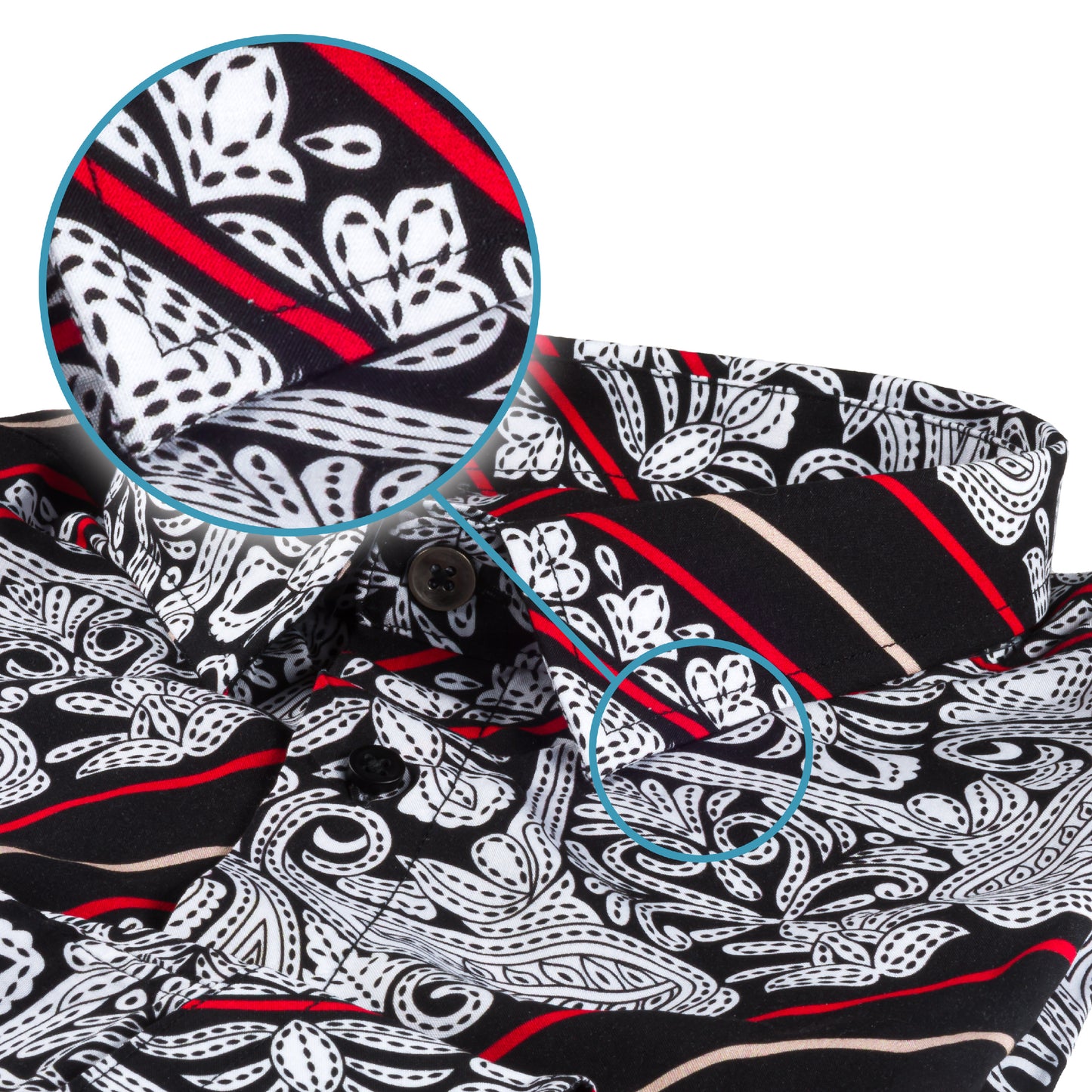 Italienisches Designer Langarm Herren-Hemd von KARL MOMMOO im Fantasie-Print weiß/rot/schwarz. Aus Viskose in der Modern Fit Passform. Gefertigt in Italien. Detailansicht Kragen und Material bzw. Muster.