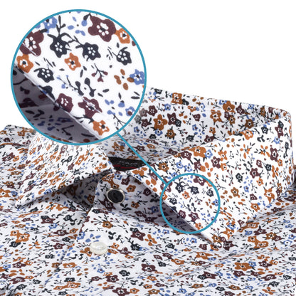 Italienisches Designer Langarm Herren-Hemd von KARL MOMMOO in weiß mit Blumen-Muster braun / blau. Aus Baumwolle mit Elasthan in der Modern Fit Passform. Gefertigt in Italien. Detailansicht Kragen und Material bzw. Muster.
