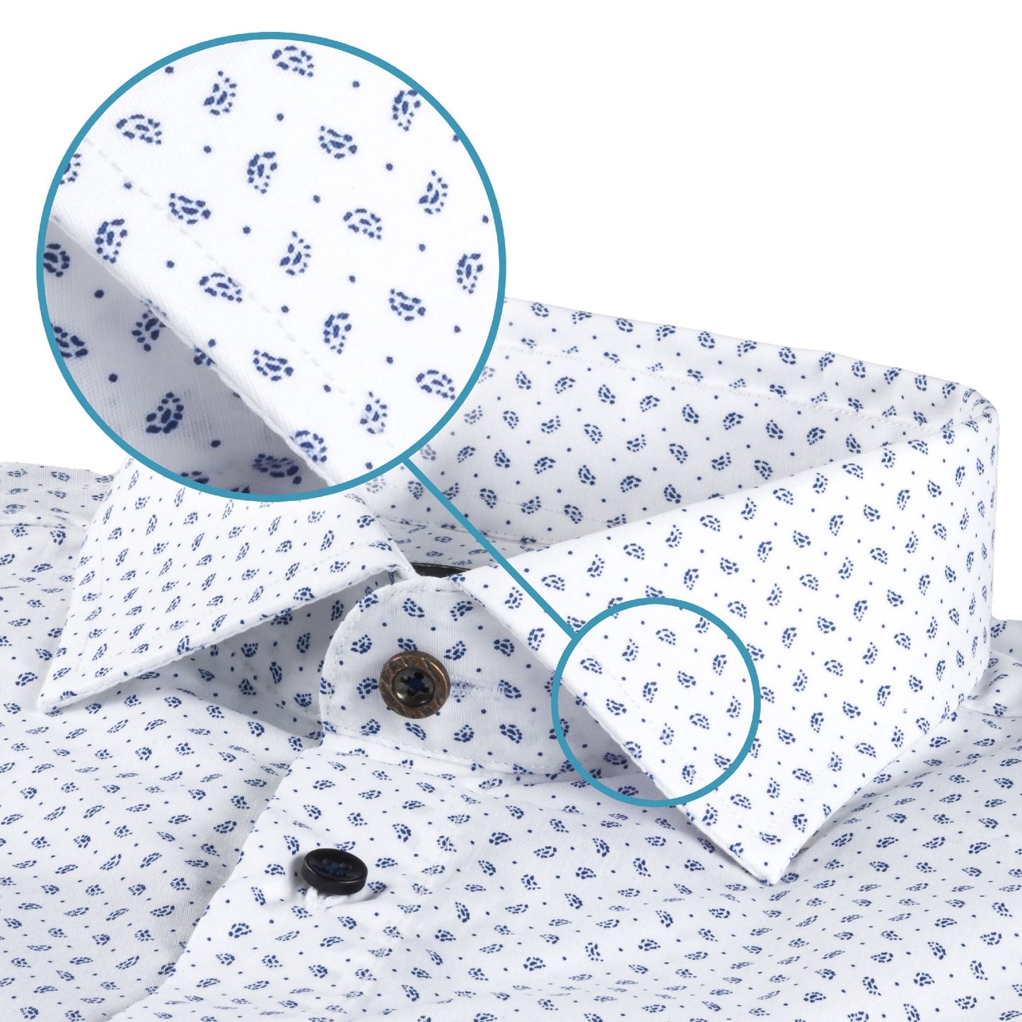 Italienisches Designer Langarm Herren-Hemd von KARL MOMMOO in weiß mit feinem dunkelblauem Muster. Aus Baumwolle mit Elasthan in der Modern Fit Passform. Gefertigt in Italien. Detailansicht Kragen und Material bzw. Muster.