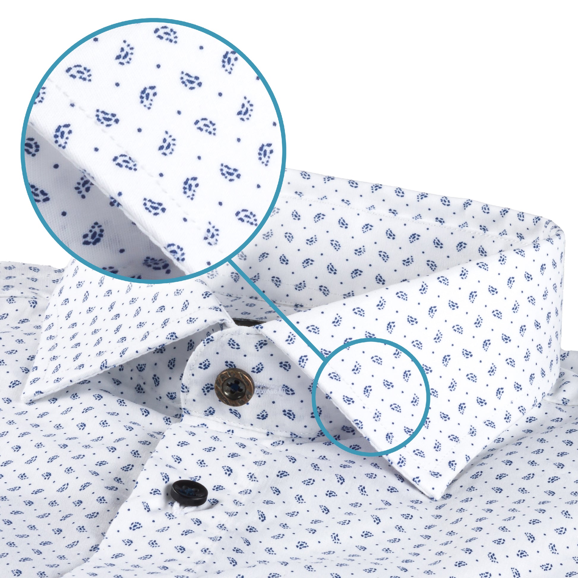 Italienisches Designer Langarm Herren-Hemd von KARL MOMMOO in weiß mit feinem dunkelblauem Muster. Aus Baumwolle mit Elasthan in der Modern Fit Passform. Gefertigt in Italien. Detailansicht Kragen und Material bzw. Muster.