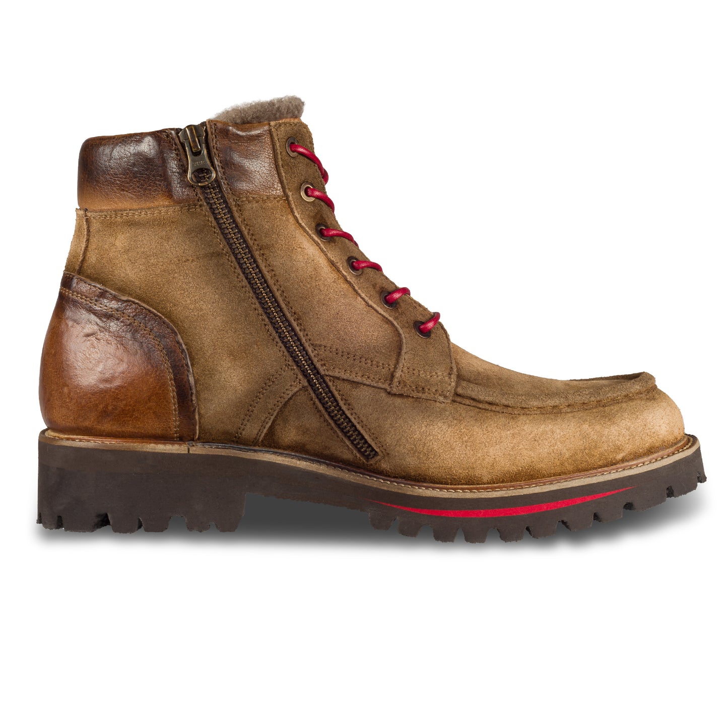 LORENZI Herren Schnür-Boots aus Rauleder in hell braun mit Lammfell und Reißverschluß. Handgefertigt und Durchgenäht. Ansicht der Innenseite linker Schuh. 