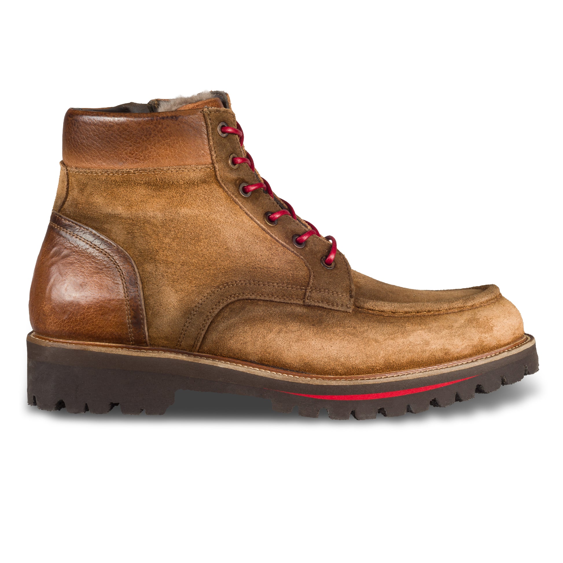 LORENZI Herren Schnür-Boots aus Rauleder in hell braun mit Lammfell und Reißverschluß. Handgefertigt und Durchgenäht. Ansicht der Außenseite rechter Schuh. 