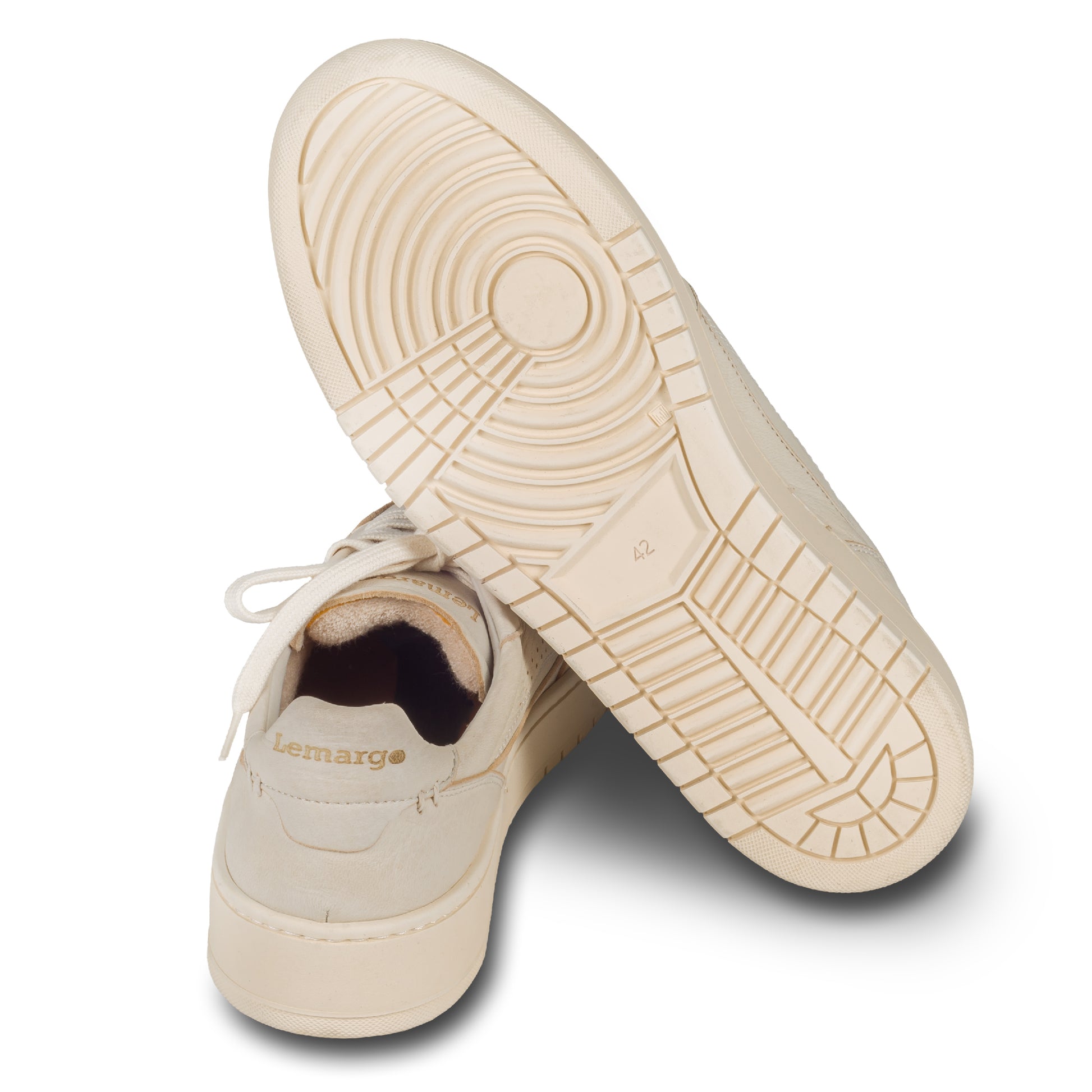 Lemargo Herren Leder Sneaker beige Modell HB01A Cervo Osso, Hirschleder, Ferse und Sohlenansicht