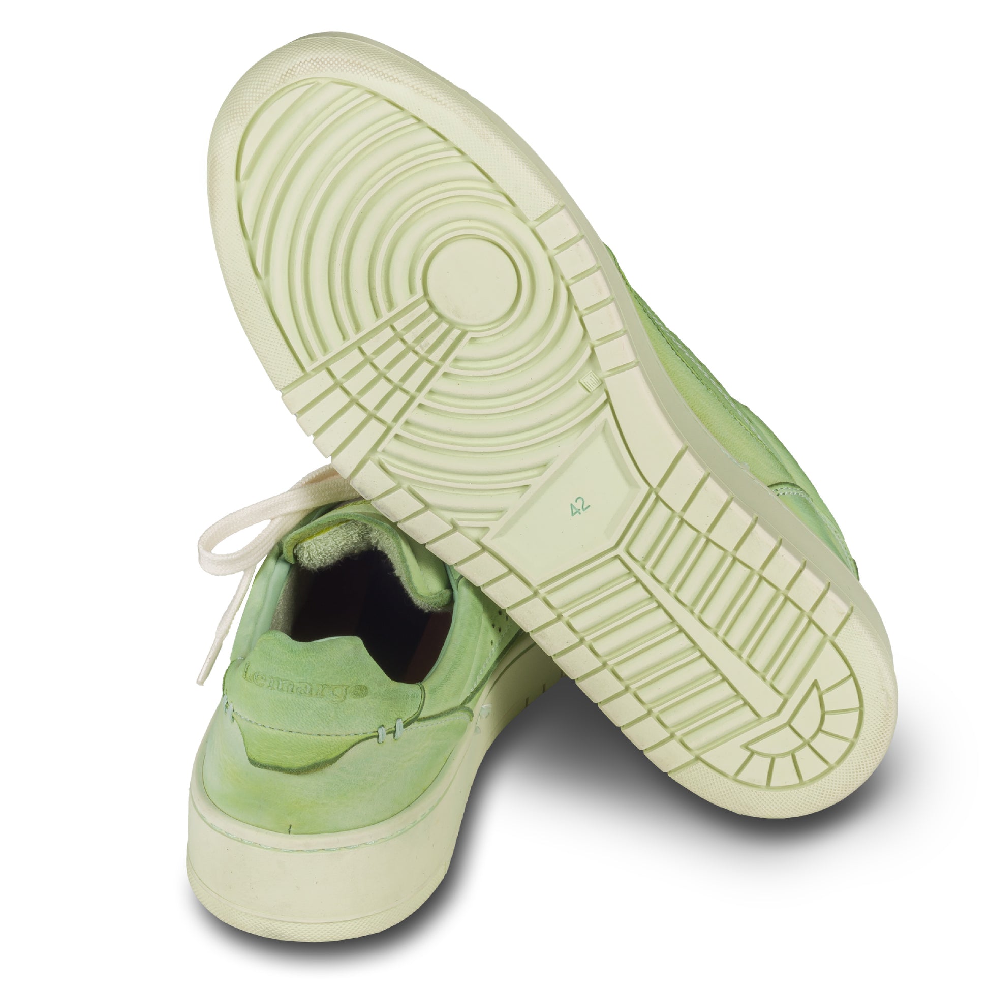 Lemargo Herren Leder Sneaker grün Modell HB01A Cervo Salvia, Hirschleder, Sohlen- und Fersenansicht