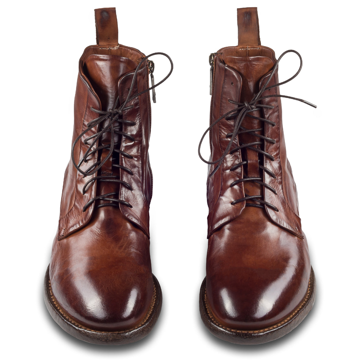 Lemargo Herren Schnürboots / Stiefelette cognac braun, Modell FM05A, aus Kalbsleder. Durchgenäht. Paarweise Ansicht von vorne.