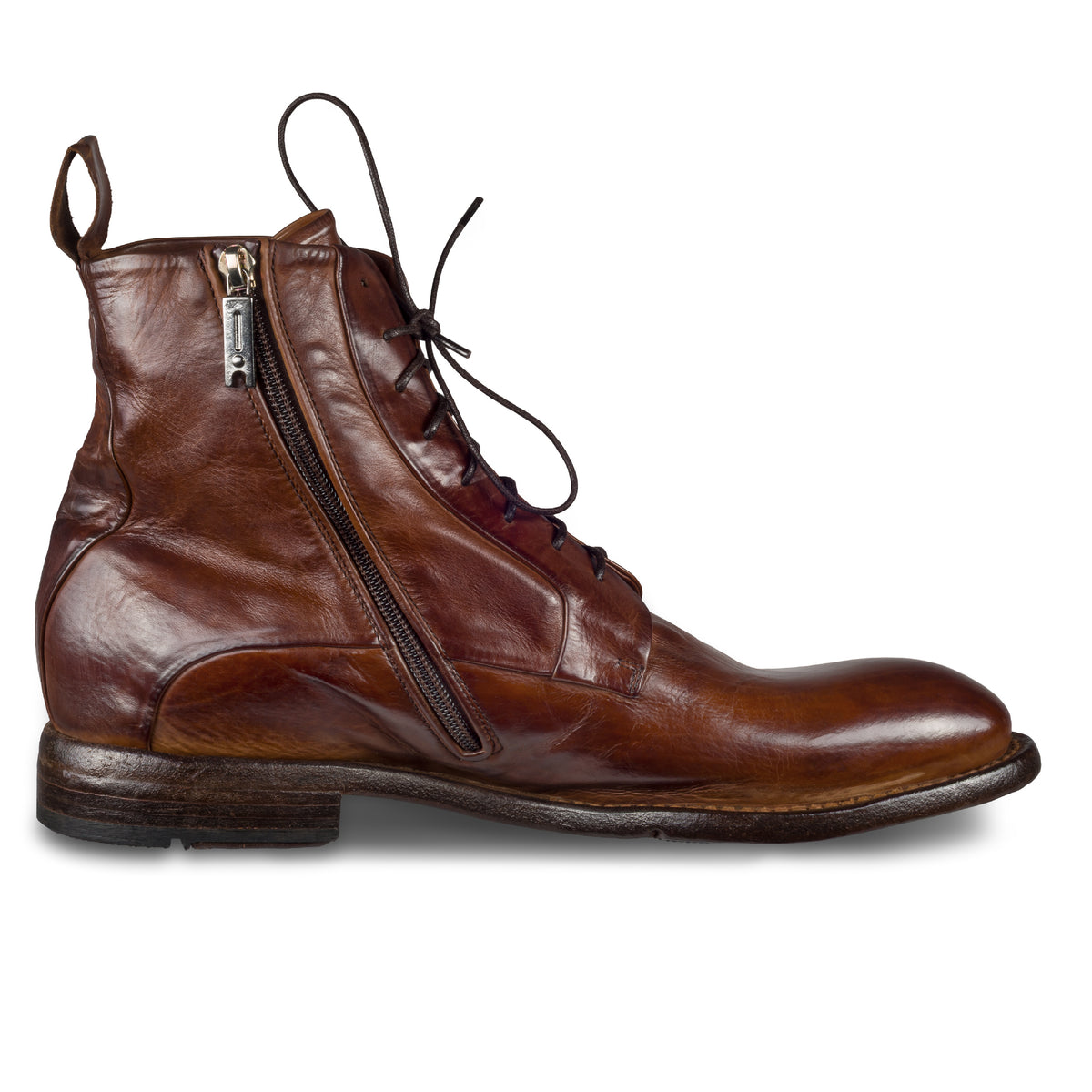 Lemargo Herren Schnürboots / Stiefelette cognac braun, Modell FM05A, aus Kalbsleder. Durchgenäht. Ansicht Innenseite linker Schuh.