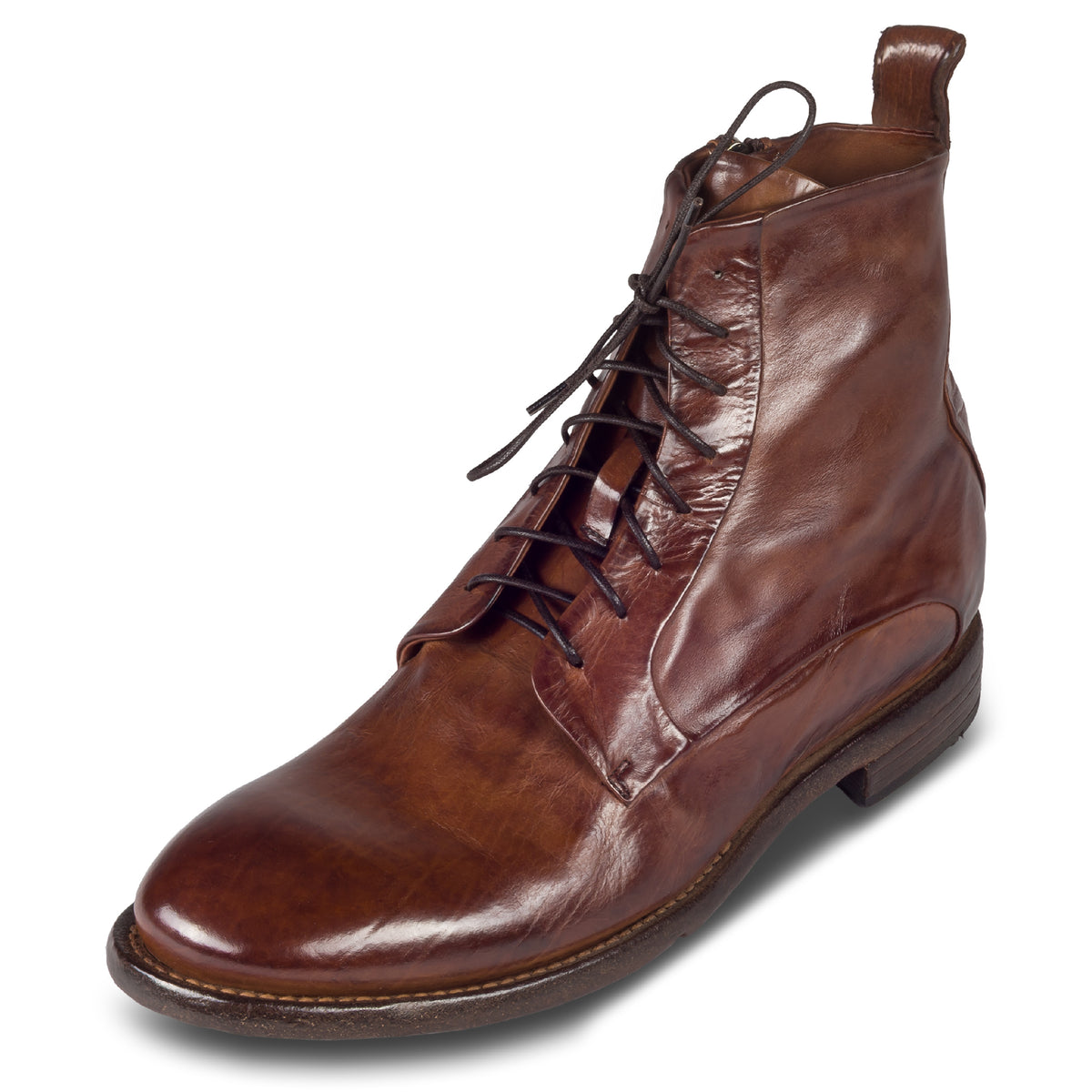 Lemargo Herren Schnürboots / Stiefelette cognac braun, Modell FM05A, aus Kalbsleder. Durchgenäht. Schräge Ansicht linker Schuh.