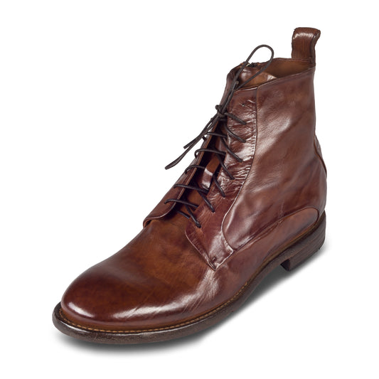 Lemargo Herren Schnürboots / Stiefelette cognac braun, Modell FM05A, aus Kalbsleder. Durchgenäht. Schräge Ansicht linker Schuh