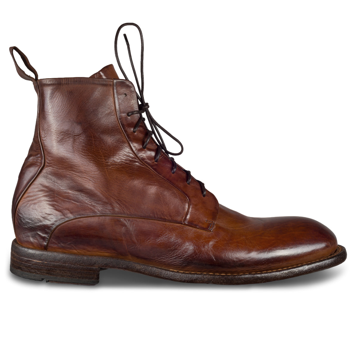 Lemargo Herren Schnürboots / Stiefelette cognac braun, Modell FM05A, aus Kalbsleder. Durchgenäht. Ansicht Außenseite rechter Schuh.