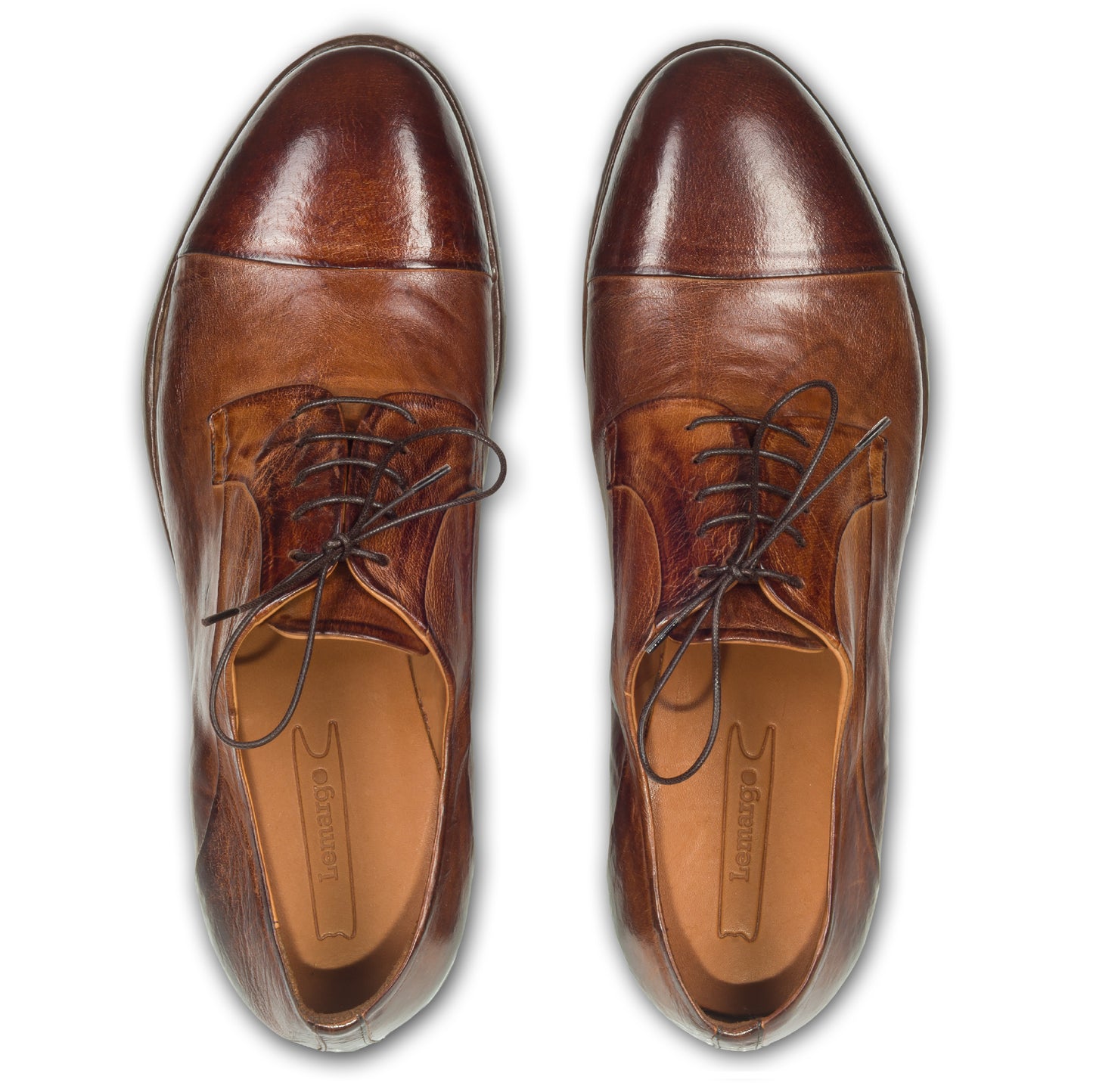 LEMARGO Herren Schnür-Halbschuh, Kalbsleder stonewashed, cognak braun. Handgefertigt und Durchgenäht. Paarweise Ansicht Draufsicht.