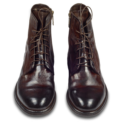 LEMARGO Herren Schnür-Boots in dunkelbraun (ebano). Kalbsleder im stone-washed-Verfahren auf used-Look bearbeitet. Mit Reißverschluß. Handgefertigt und Durchgenäht. Paarweise Ansicht von vorne