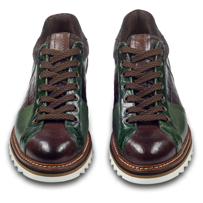 LORENZI Sneaker Herren grün/braun - Kalbsleder mit Reptilprägung, stonewashed