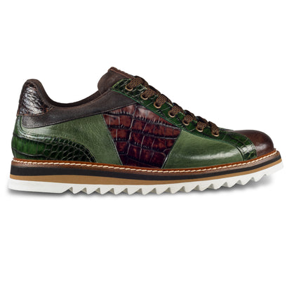 LORENZI Sneaker Herren grün/braun - Kalbsleder mit Reptilprägung, stonewashed