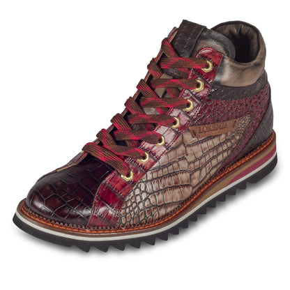 LORENZI Herren Sneaker-Stiefel / High-Top, in graun/rot, Reptilprägung. Mit Lammfelll und Reißverschluß. Handgefertigt in Italien. Schräge Ansicht linker Schuh