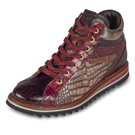 LORENZI Herren Sneaker-Stiefel / High-Top, in graun/rot, Reptilprägung. Mit Lammfelll und Reißverschluß. Handgefertigt in Italien. Schräge Ansicht linker Schuh