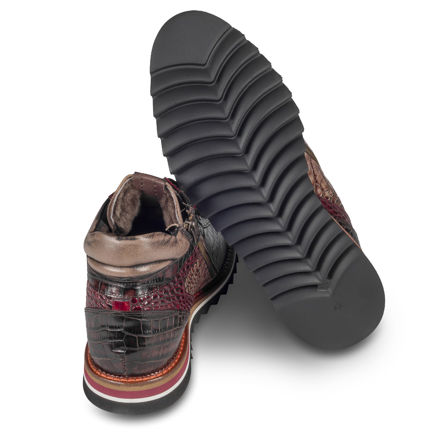 LORENZI Herren Sneaker-Stiefel / High-Top, in graun/rot, Reptilprägung. Mit Lammfelll und Reißverschluß. Handgefertigt in Italien. Ansicht Ferse und Sohle 