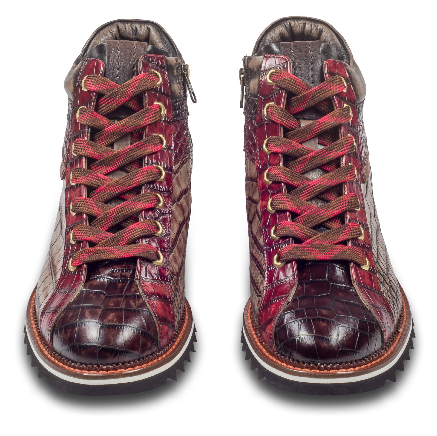LORENZI Herren Sneaker-Stiefel / High-Top, in graun/rot, Reptilprägung. Mit Lammfelll und Reißverschluß. Handgefertigt in Italien. Paarweise Ansicht von vorne