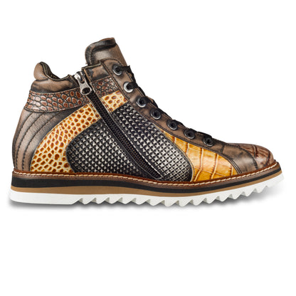 LORENZI Herren Sneaker-Stiefel / High-Top, in braun mit schwarz/weiß. In Reptiloptik und mit raffinierter Prägung und Stempelfärbung. Mit Lammfelll und Reißverschluß. Handgefertigt in Italien. Ansicht Innenseite linker Schuh.