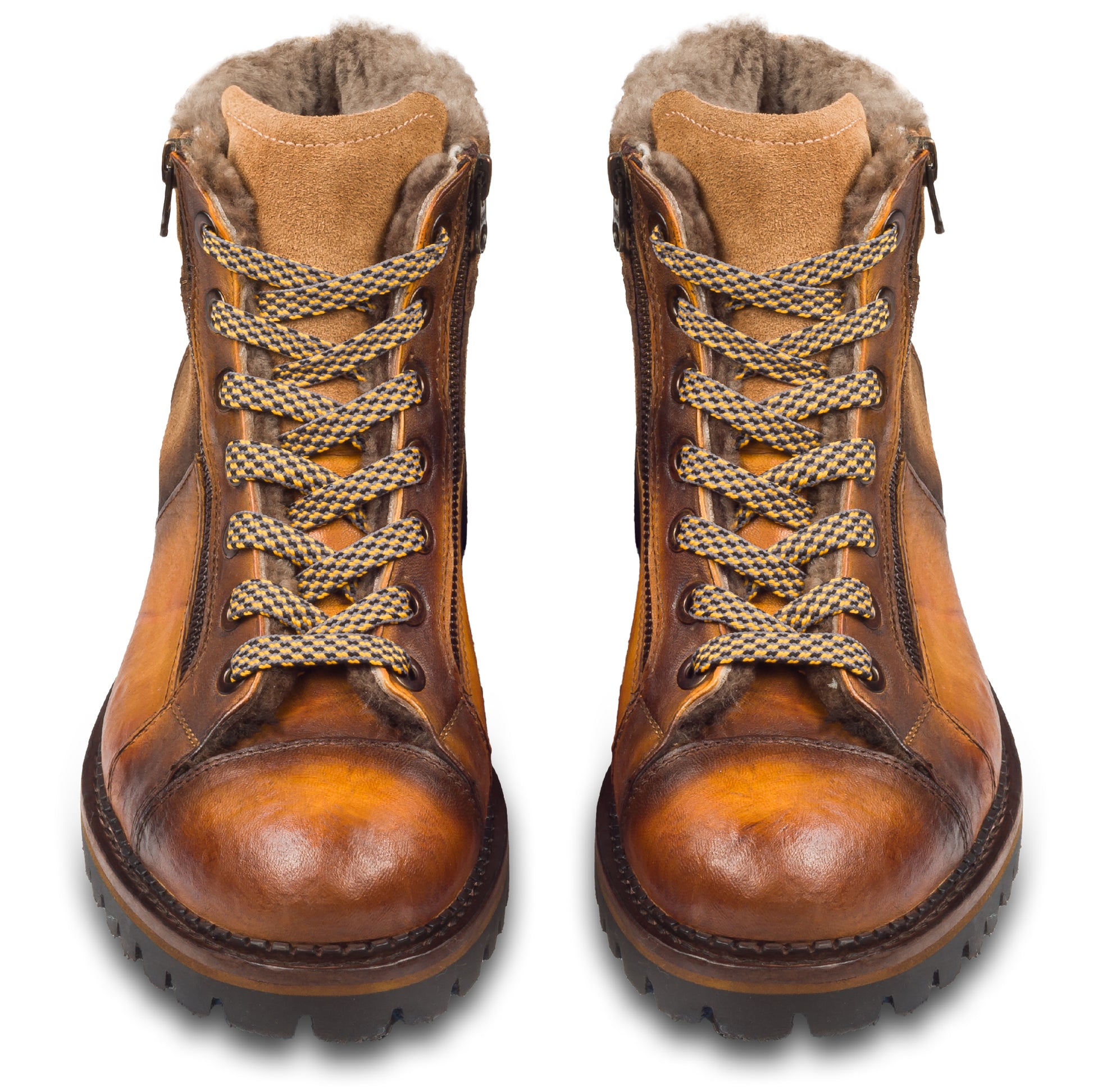 LORENZI Herren Schnür-Boots aus Kalbsleder mit Lammfell in verschiedenen Braun-Tönen. stone-washed. Mit Reißverschluß. Handgefertigt und Durchgenäht. Paarweise Ansicht von vorne