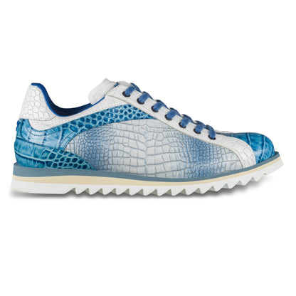 LORENZI Sneaker Herren blau/weiß - Kalbsleder mit Kroko-Prägung, handgefertigt. Ansicht Außenseite rechter Schuh