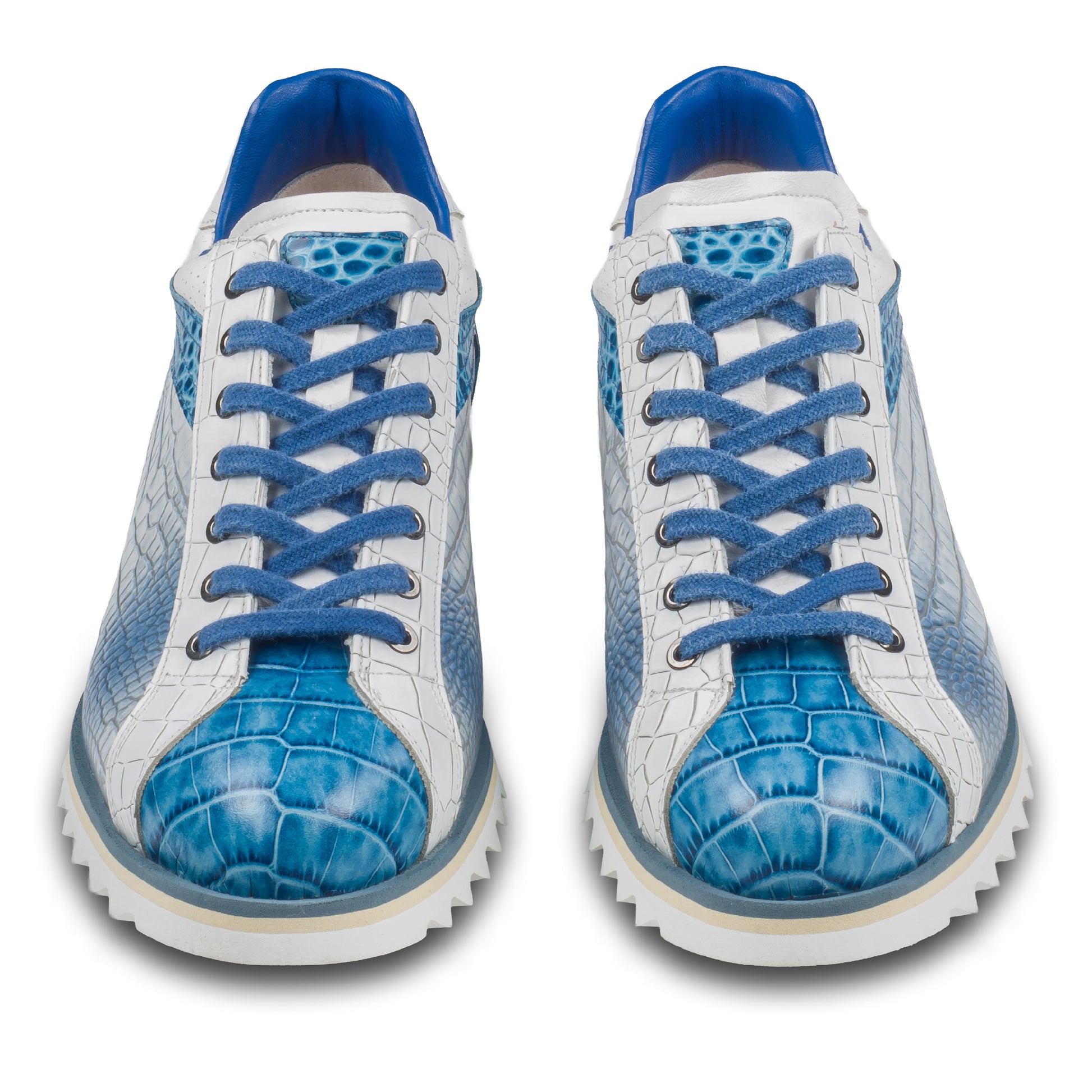 LORENZI Sneaker Herren blau/weiß - Kalbsleder mit Kroko-Prägung, handgefertigt. Ansicht paarweise von vorne