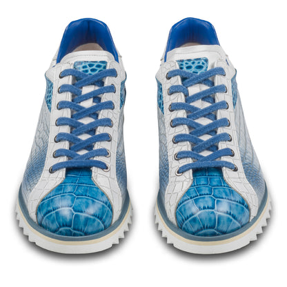 LORENZI Sneaker Herren blau/weiß - Kalbsleder mit Kroko-Prägung, handgefertigt. Ansicht paarweise von vorne