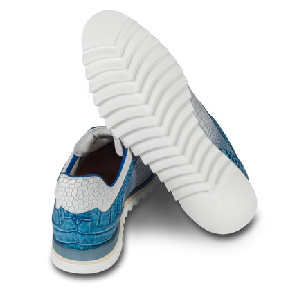 LORENZI Sneaker Herren blau/weiß - Kalbsleder mit Kroko-Prägung, handgefertigt. Ansicht Sohle und Ferse