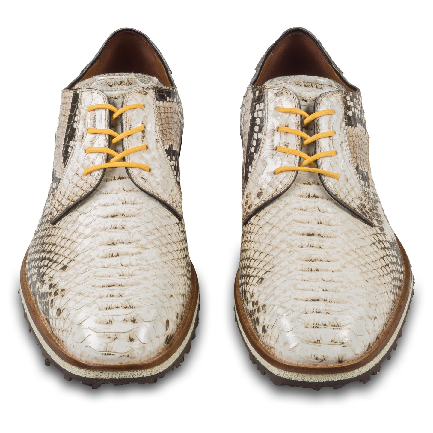 Lorenzi Herren Leder Schnür-Halbschuh in creme beige / brauner Schlangen-Optik. Mit leichter Kreppsohle. Handgefertigt in Italien. Paarweise Ansicht von vorne. 