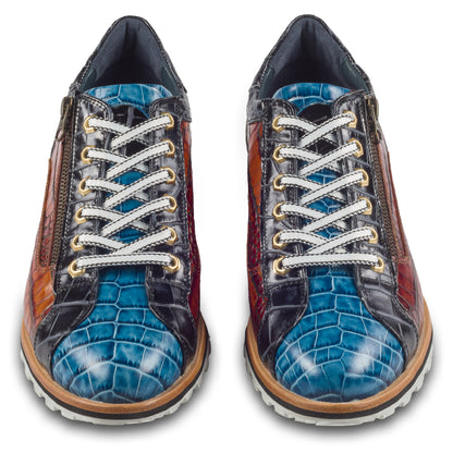 LORENZI Sneaker Herren blau/braun/schwarz - Kalbsleder mit Krokoprägung, Reißverschluß, handgefertigt
