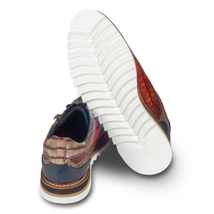 LORENZI Sneaker Herren in braun mit schwarz, in Reptilprägung aus Kalbsleder. Mit Reißverschluß. Handgefertigt & Durchgenäht. Made in Italy. Ansicht Ferse und Sohlenunterseite.