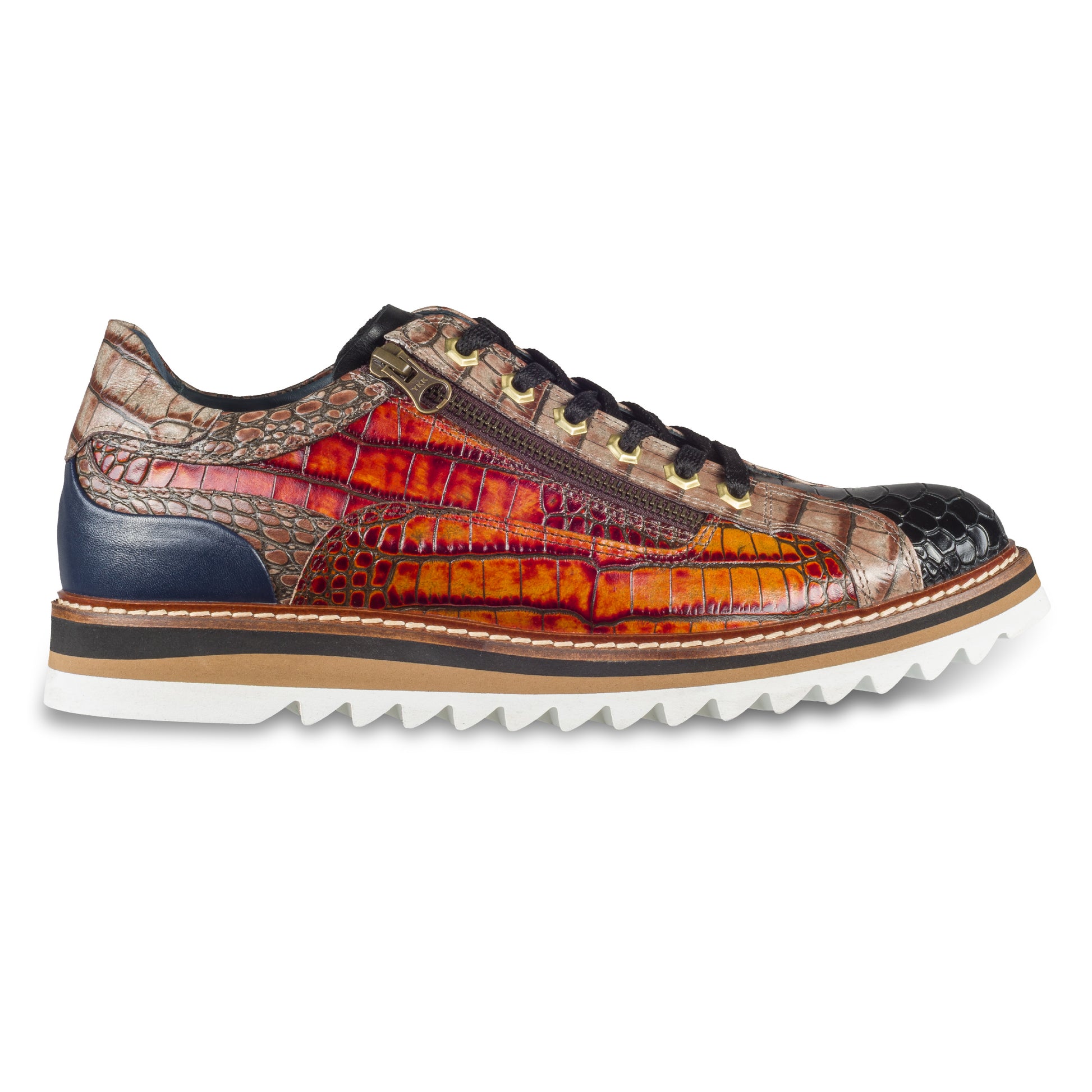 LORENZI Sneaker Herren in braun mit schwarz, in Reptilprägung aus Kalbsleder. Mit Reißverschluß. Handgefertigt & Durchgenäht. Made in Italy. Außenansicht rechter Schuh.