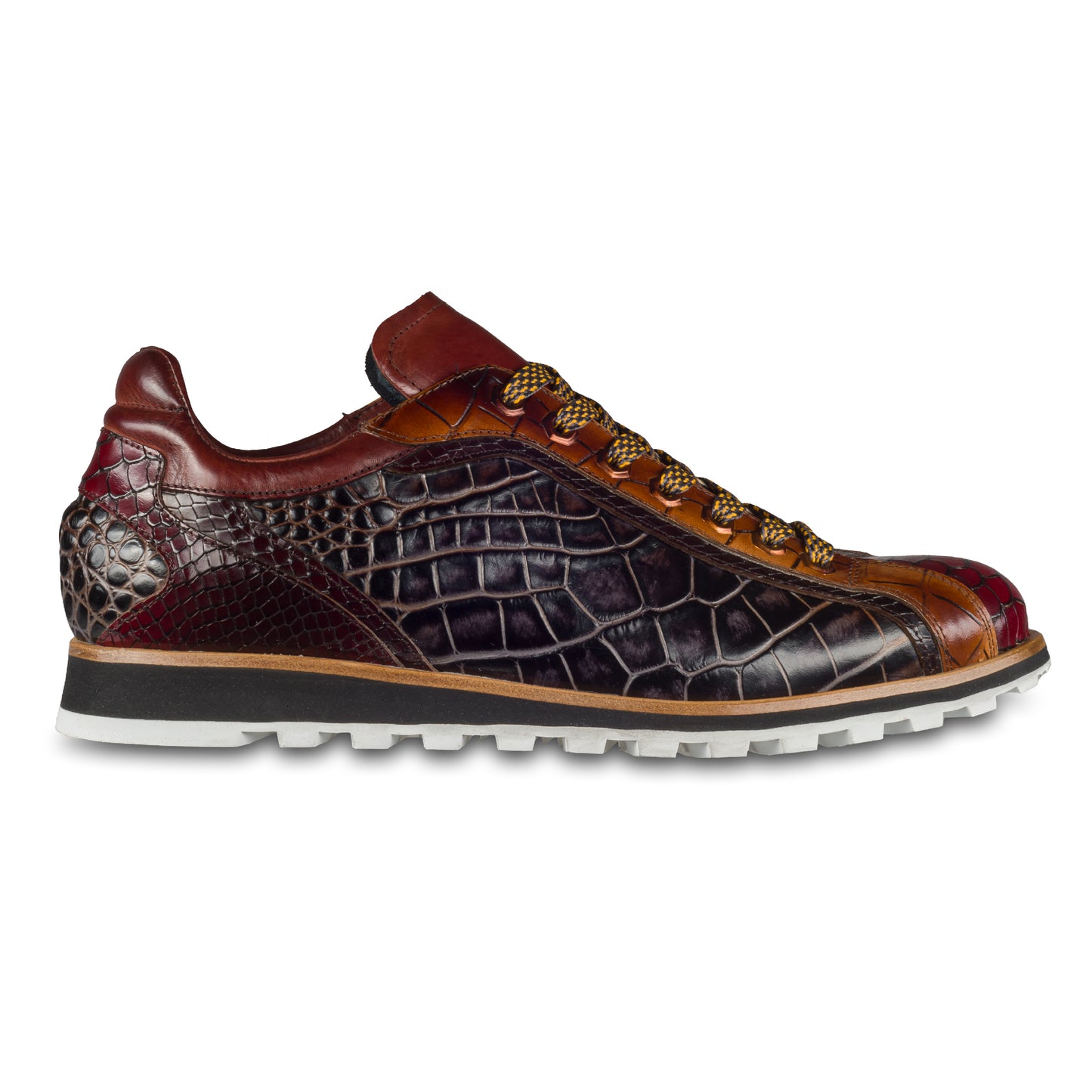Lorenzi Herren Leder-Sneaker mit Reptil-Prägung in braun/rot. Handgefertigt. Seitliche Ansicht der Außenseite rechter Schuh.