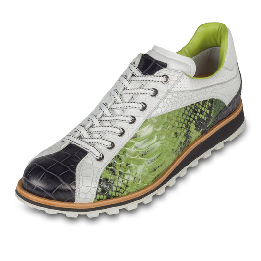 LORENZI Italienische Herren Leder-Sneaker in grün, schwarz und weiß mit Schlangen-Prägung. Handgefertigt. Schräge Ansicht linker Schuh
