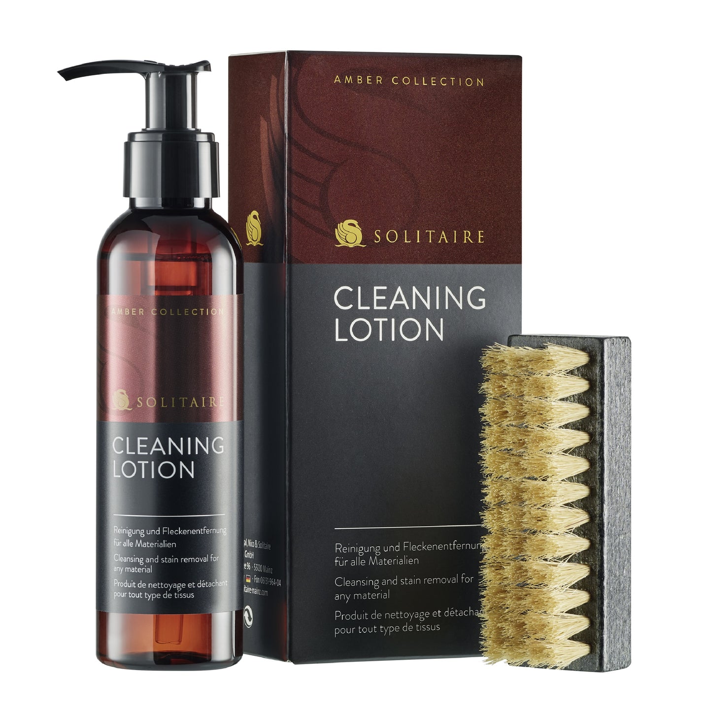 Solitaire Amber Collection: "Cleaning Lotion" Set (140 ml) - Reinigung und Fleckenenentfernung (Art. 901367), Ansicht des Set (Flasche + Bürste)