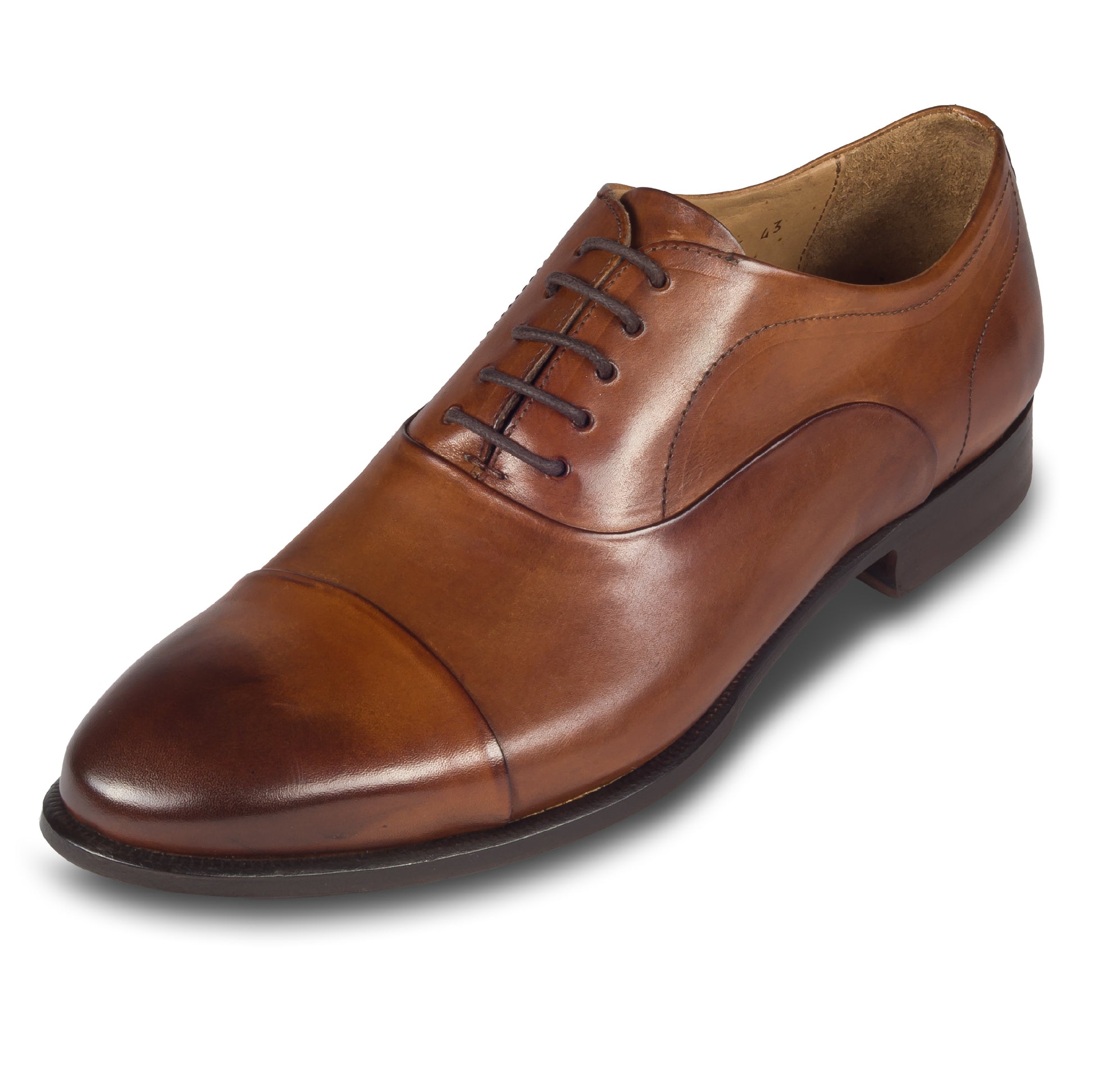 BRECOS Anzugschuhe Oxford Captoe, Kalbsleder braun, durchgenäht. Ansicht linker Schuh schräg