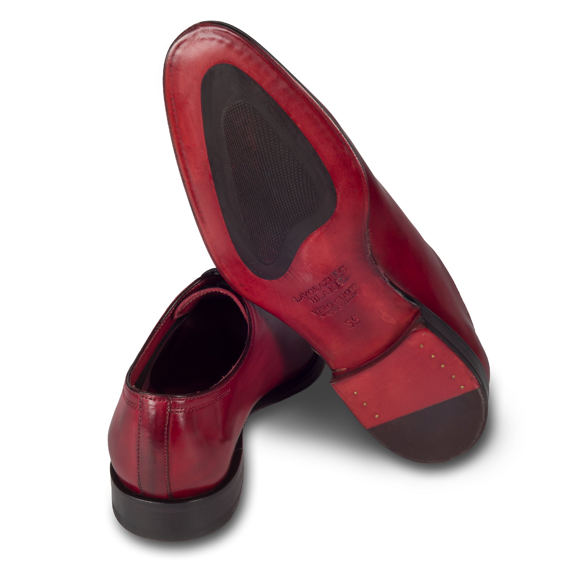 BRECOS Italienische Herren Anzugschuhe aus Kalbsleder, Onecut/Wohlecut in rot, Oxford-Schnürung handgefertigt. Ansicht Sohle und Ferse