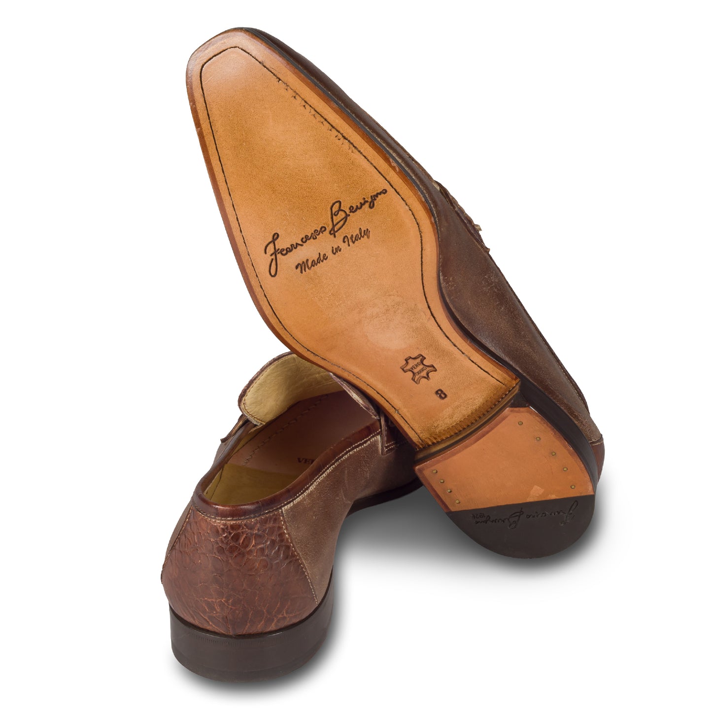 FRANCESCO BENIGNO Italienische Herren Loafer aus Kalbsleder, braun, handgefertigt. Ansicht Sohle und Ferse