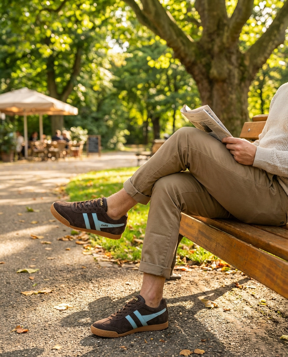 Gola Harrier Sneaker in braun mit blau, von einem Herren angezogen