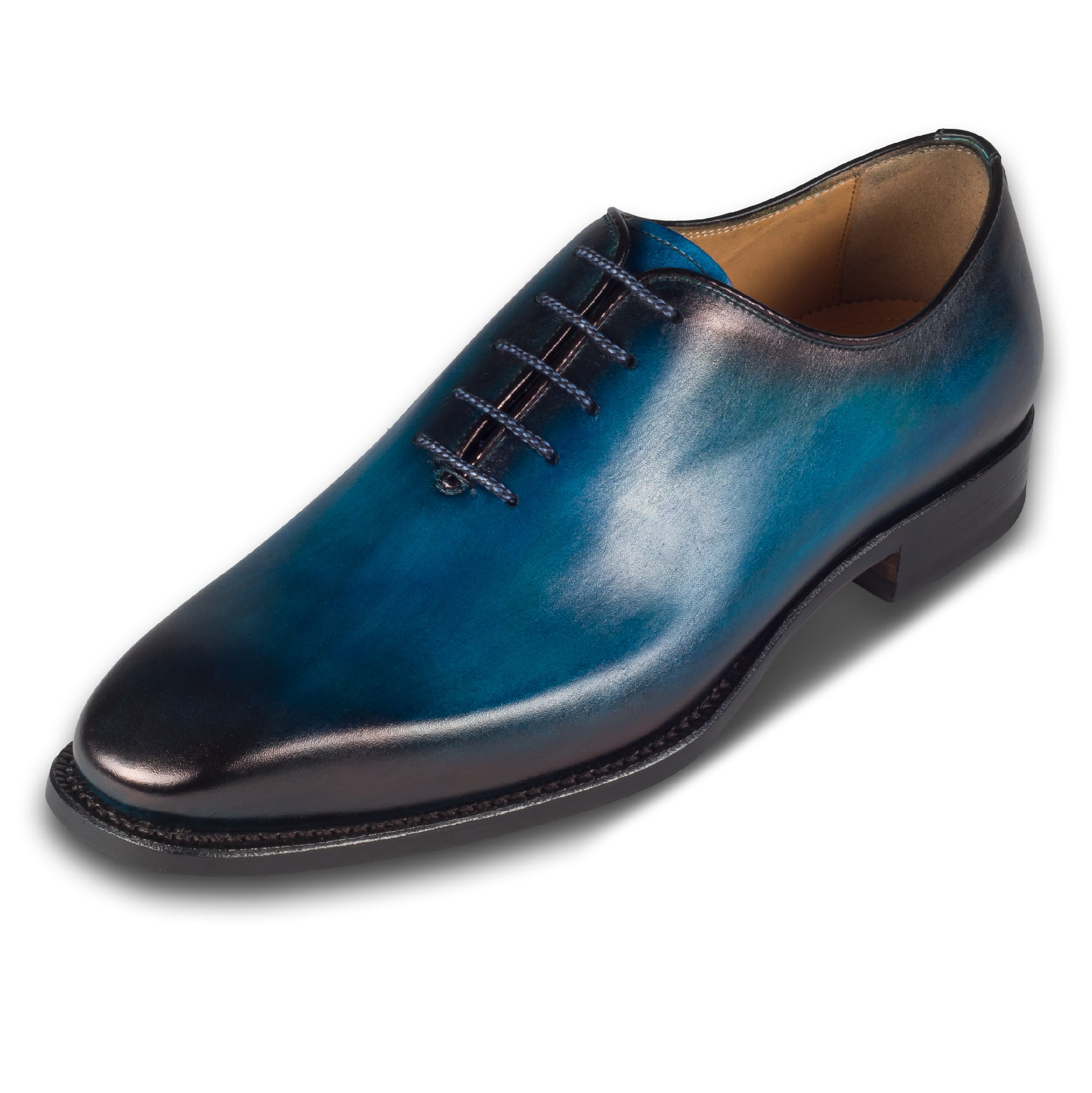 Harris Herren Anzugschuhe / Schnür-Halbschuhe, blau mit handgefärbter Patina. Made in Italy. Durchgenäht. Schräge Ansicht linker Schuh