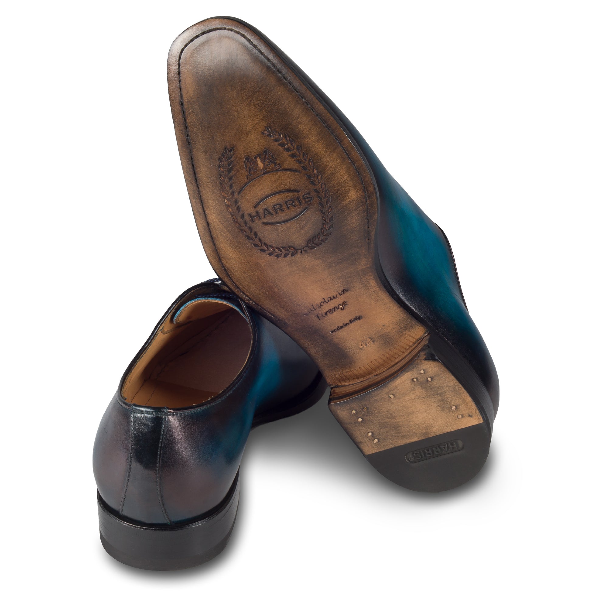 Harris Herren Anzugschuhe / Schnür-Halbschuhe, blau mit handgefärbter Patina. Made in Italy. Durchgenäht. Ansicht Ferse und Sohle