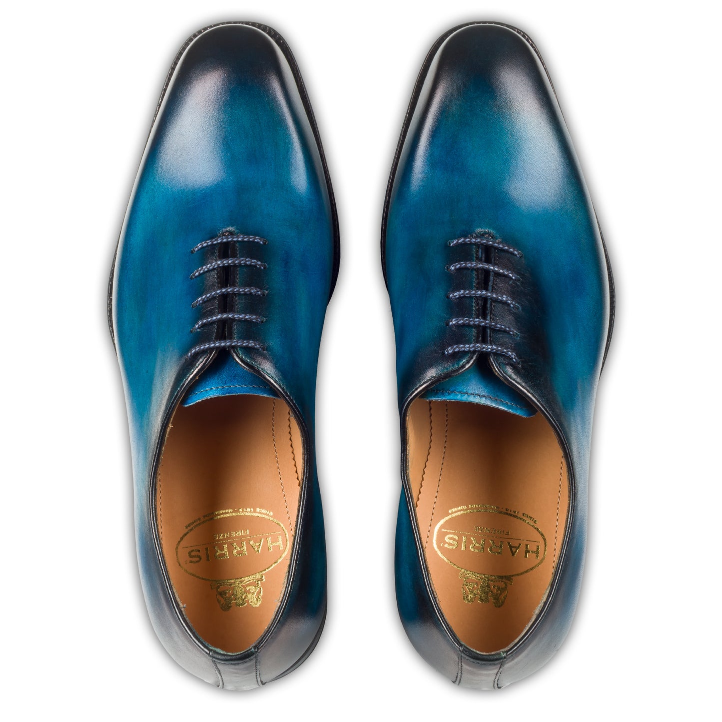 Harris Herren Anzugschuhe / Schnür-Halbschuhe, blau mit handgefärbter Patina. Made in Italy. Durchgenäht. Paarweise Draufsicht beide Schuhe