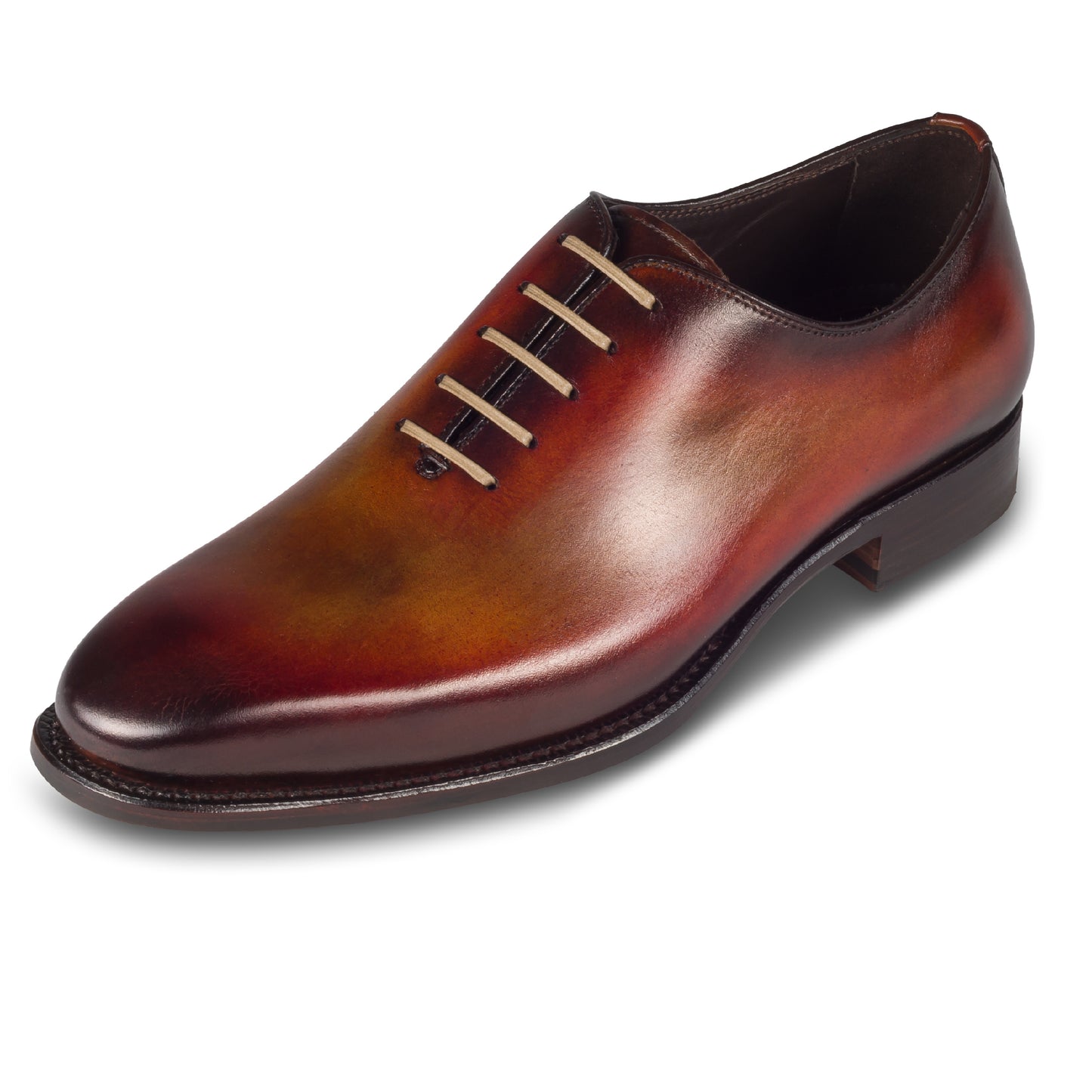 Harris Herren Anzugschuhe / Schnür-Halbschuhe, braun mit handgefärbter Patina. Made in Italy. Durchgenäht. Schräge Ansicht linker Schuh. 