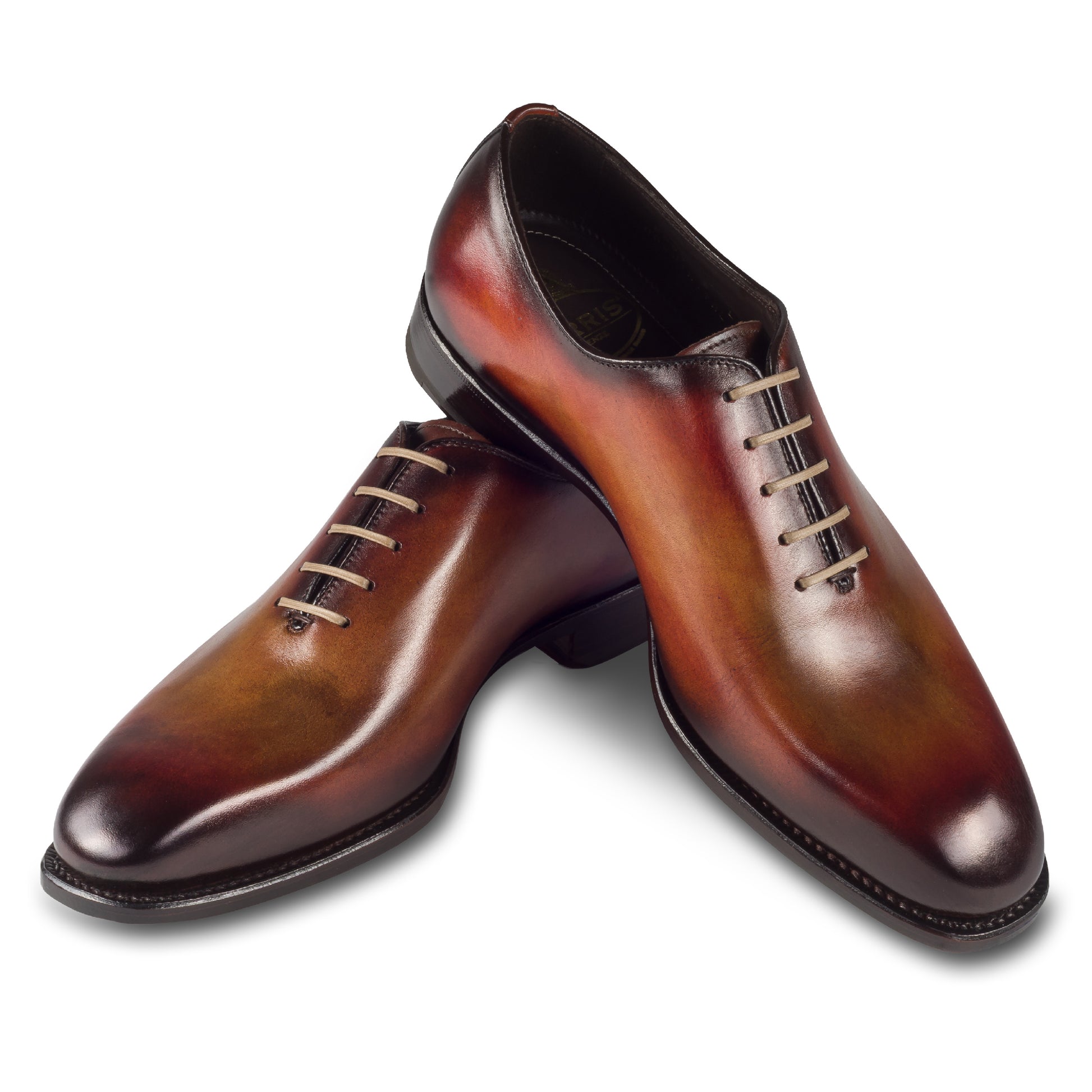 Harris Herren Anzugschuhe / Schnür-Halbschuhe, braun mit handgefärbter Patina. Made in Italy. Durchgenäht. Paarweise überkreuzte Ansicht. 