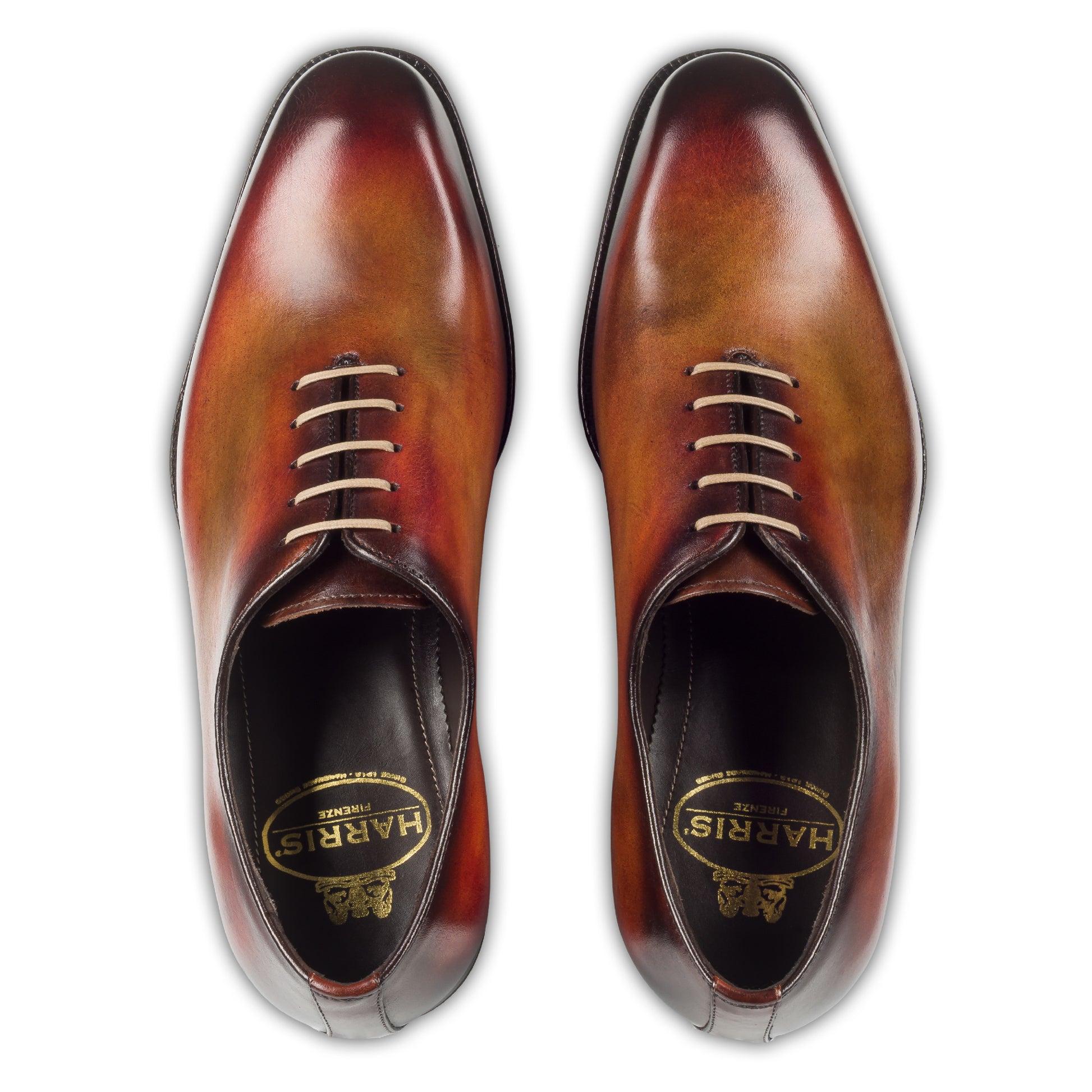 Harris Herren Anzugschuhe / Schnür-Halbschuhe, braun mit handgefärbter Patina. Made in Italy. Durchgenäht. Paarweise Draufsicht. 