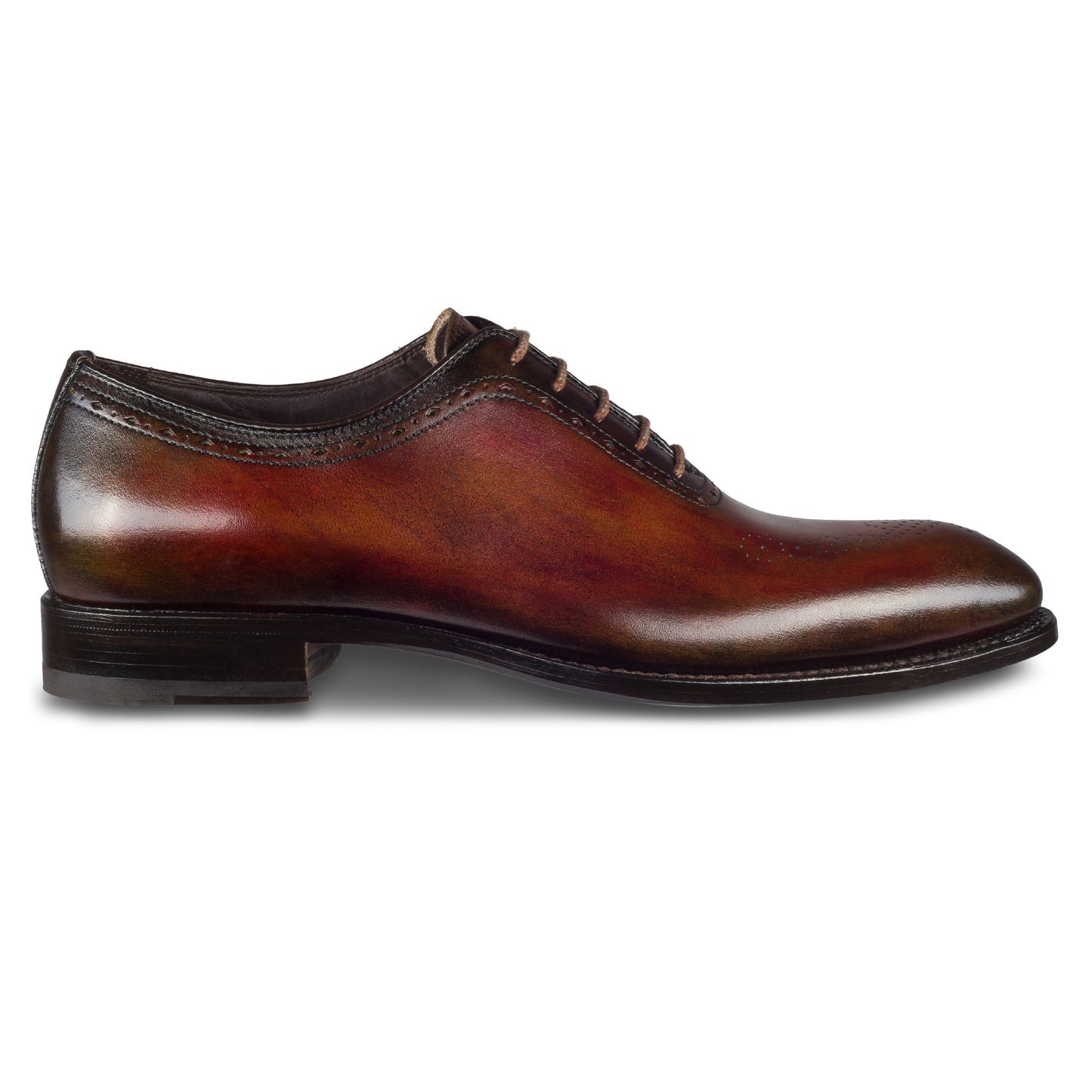 Harris Herren Anzugschuhe / Schnür-Halbschuhe, braun mit handgefärbter Patina und dezenter Brogue-Verzierung. Made in Italy. Durchgenäht. Ansicht Außenseite rechter Schuh. 